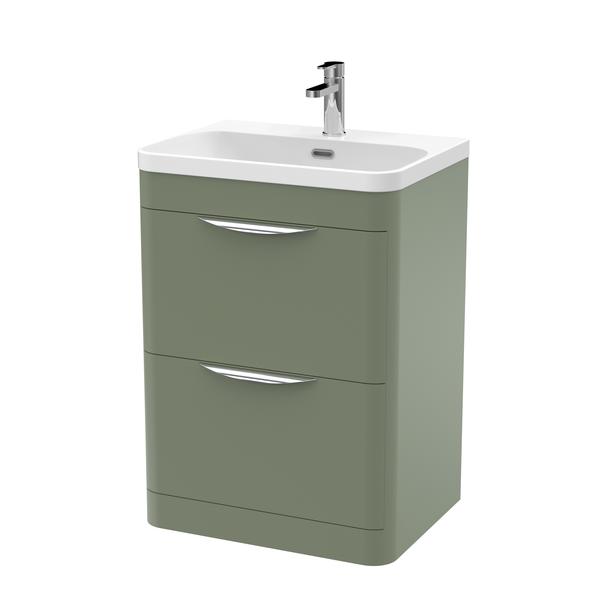 Nuie 600mm Satin Green Floor Standing 2 Drawer Vanity Unit With Soft Close Drawers & Ceramic Basin