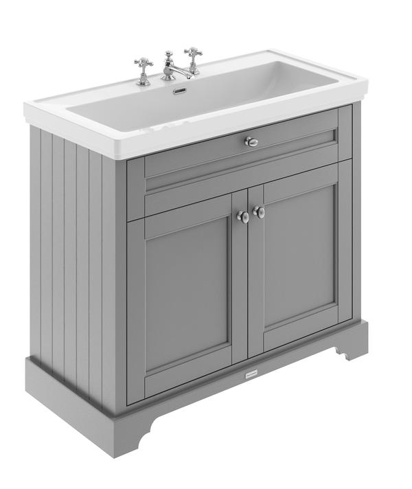 Hudson Reed Old London 1000mm Storm Grey 2-Door 3 Taphole Floor Standing Vanity Unit With Fireclay Basin
