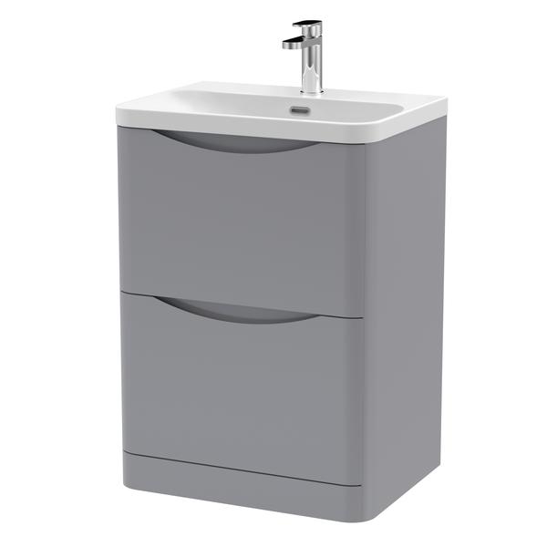 Nuie Lunar 600mm Satin Grey Floor Standing 2 Drawer Vanity Unit With Thin Edge Ceramic Basin