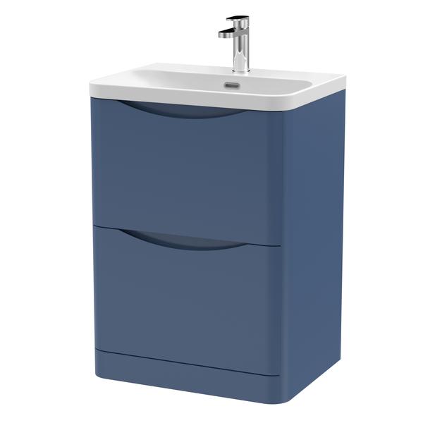 Nuie Lunar 600mm Satin Blue Floor Standing 2 Drawer Vanity Unit With Ceramic Basin & 1 Tap Hole