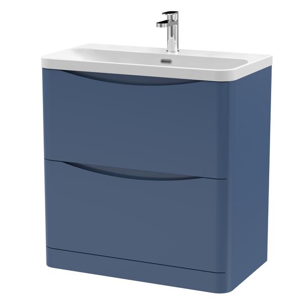 Nuie Lunar 800mm Satin Blue Floor Standing 2 Drawer Vanity Unit With Ceramic Basin