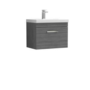 Nuie Athena 600mm Wall Hung Anthracite Woodgrain Single Drawer Vanity Unit With 1 Tap Hole Basin