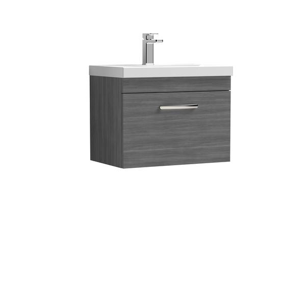 Nuie 600mm Anthracite Woodgrain Wall Hung Single Drawer Vanity Unit With 1 Tap Hole Basin
