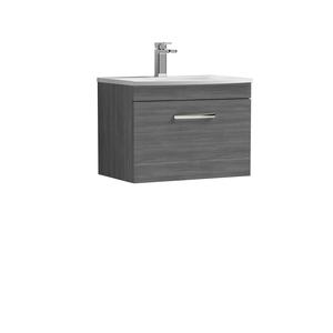Nuie Athena 600mm Anthracite Woodgrain Wall Hung Single Drawer Vanity Unit With Curved 1 Tap Hole Basin