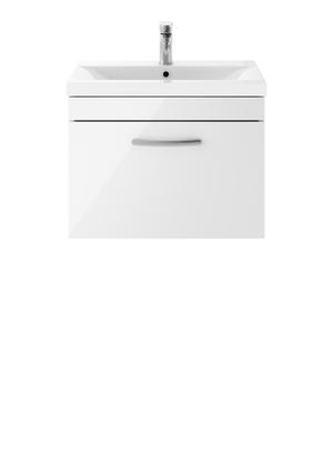 Nuie Athena 600mm Gloss White Wall Hung Single Drawer Vanity Unit With 1 Tap Hole Basin