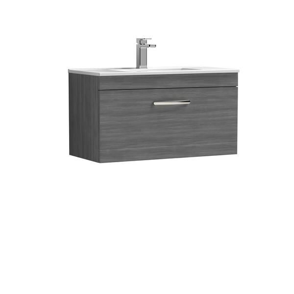 Nuie Athena 800mm Anthracite Woodgrain Wall Hung Single Drawer Vanity Unit With 1 Tap Hole Basin