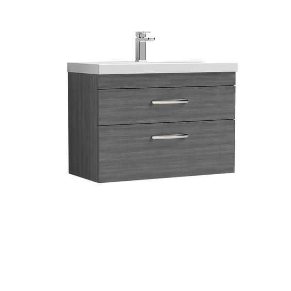 Nuie Athena 800mm Anthracite Woodgrain 2 Drawer Wall Hung Vanity Unit With Basin