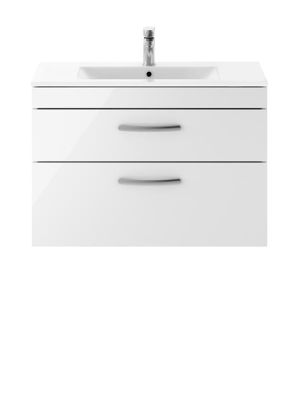 Nuie Athena 800mm Gloss White Wall Hung 2 Drawer Vanity Unit With 1 Tap Hole Basin & Soft Close Drawers