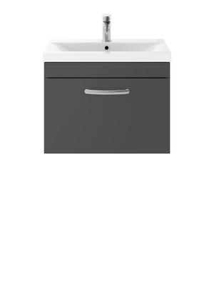 Nuie 600mm Gloss Grey Wall Hung Single Drawer Vanity Unit with 1 Tap Hole Basin