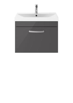 Nuie Athena 600mm Gloss Grey Wall Hung Single Drawer Vanity Unit With 1 Tap Hole Basin