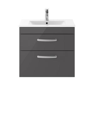 Nuie Athena 600mm Gloss Grey Wall Hung 2 Drawer Vanity Unit With 1 Tap Hole Basin