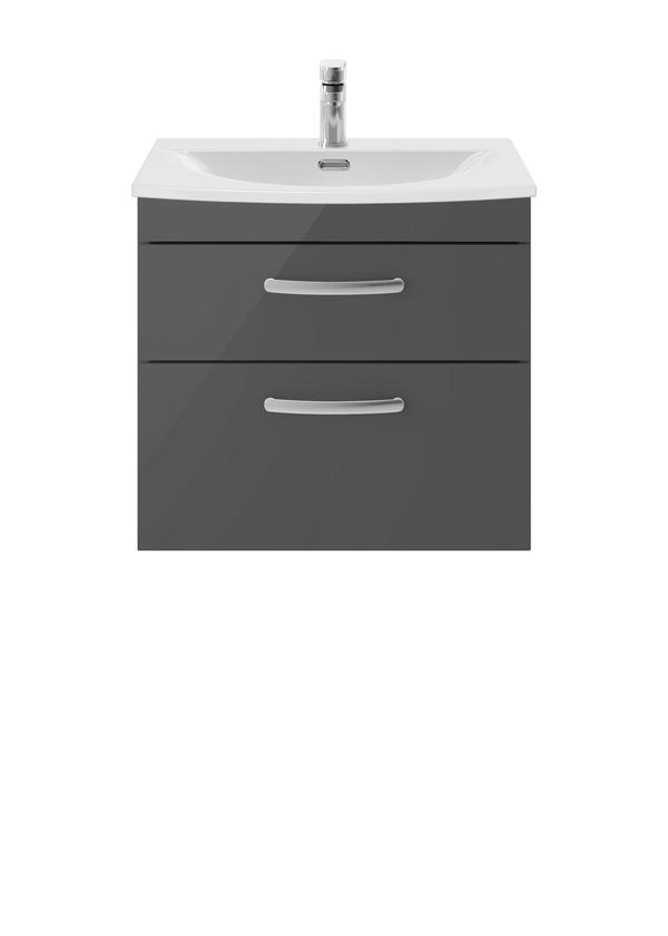 Nuie Athena 600mm Gloss Grey Wall Hung 2 Drawer Vanity Unit With Basin
