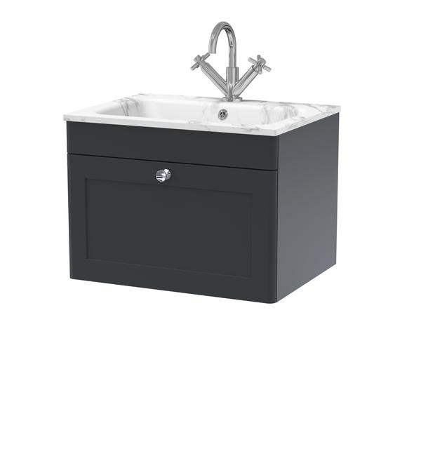 Classique Wall Hung 1 Drawer Vanity Basin Unit & 1 Tap Hole Stone Basin, 600mm