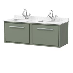 Hudson Reed Lille 1220mm Fern Green Wall Hung Double Basin Vanity Unit With Marble Worktop Basins