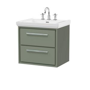Hudson Reed Lille 600mm Fern Green Wall Hung 2-Drawer Vanity Unit with 3 Tap Hole Basin