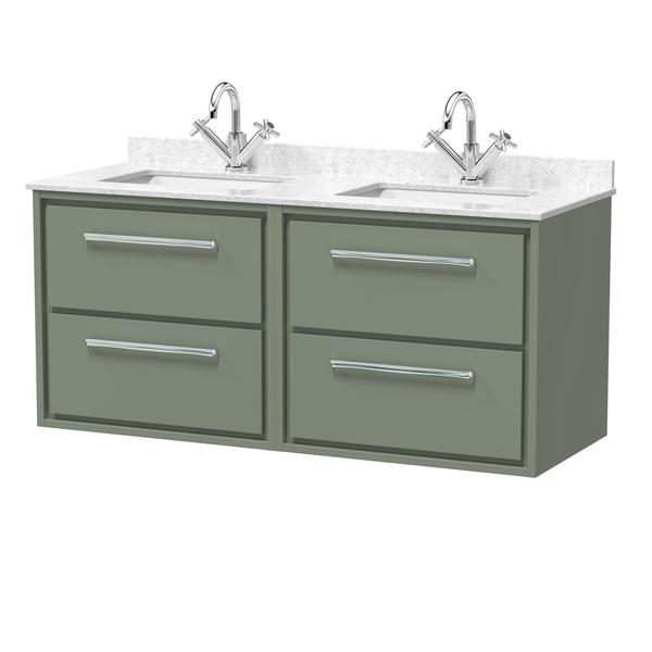 Hudson Reed Lille 1220mm Fern Green Wall Hung 4-Drawer Vanity Unit With Double Marble Basins