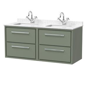 Hudson Reed Lille 1220mm Fern Green Wall Hung 4-Drawer Vanity Unit With Double Marble Basins