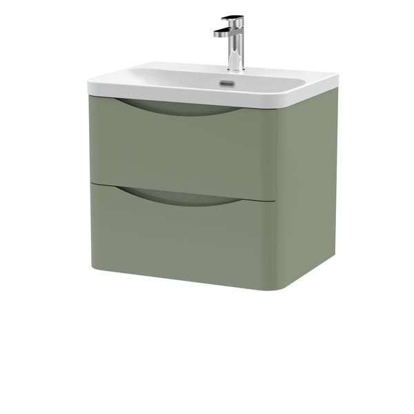 Nuie Lunar 600mm Satin Green Wall Hung 2 Drawer Unit & Basin