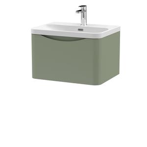 Nuie Lunar 600mm Satin Green Wall Hung Soft Close 1 Drawer Unit with Ceramic Basin