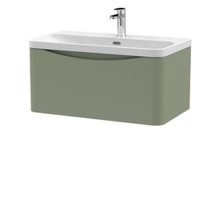 Nuie Lunar 800mm Satin Green Wall Hung 1 Drawer Vanity Unit With Ceramic Basin