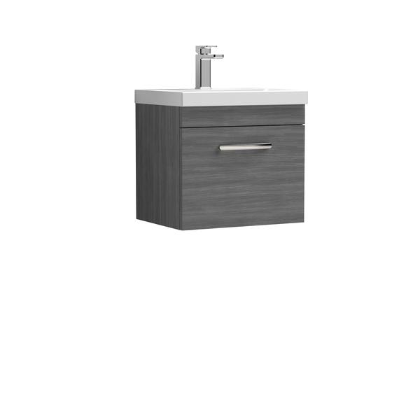 Nuie Athena 500mm Anthracite Woodgrain Wall Hung Single Drawer Vanity Unit with 1 Tap Hole Basin and Handle