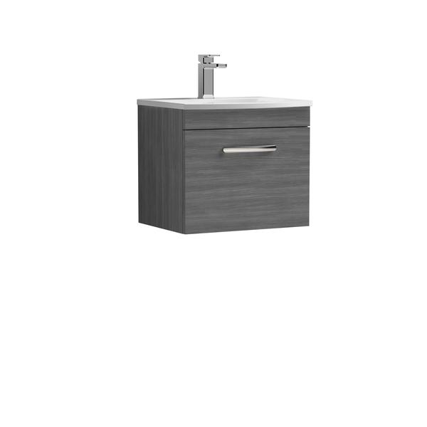 Nuie Athena 500mm Anthracite Woodgrain Wall Hung Single Drawer Vanity Unit with 1 Tap Hole Basin