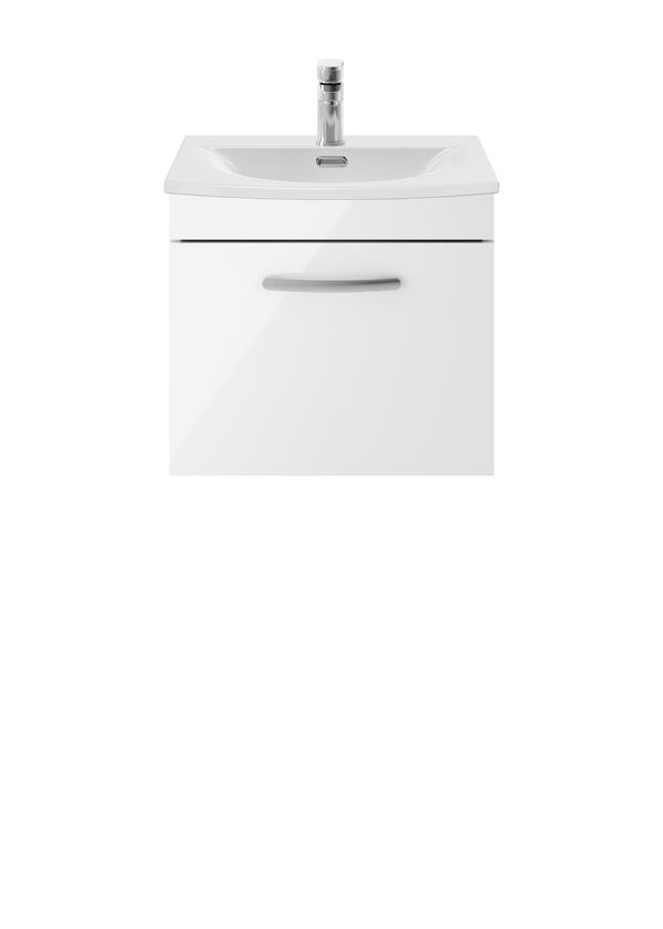 Nuie Athena 500mm Gloss White Wall Hung Single Drawer Vanity Unit With 1 Tap Hole Basin