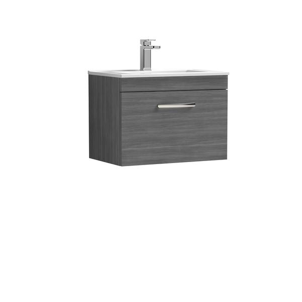 Nuie Athena 600mm Anthracite Woodgrain Wall Hung Single Drawer Vanity Unit With 1 Tap Hole Basin