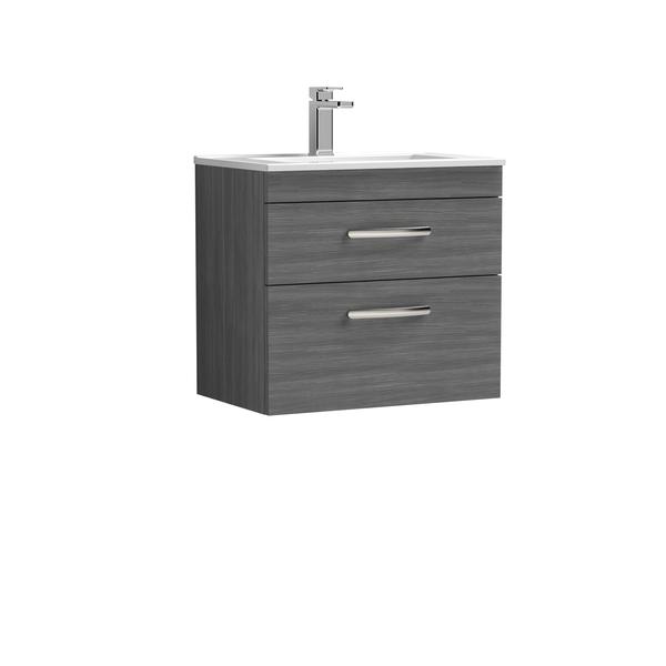 Nuie Athena 600mm Anthracite Woodgrain Wall Hung 2 Drawer Vanity Unit With Basin