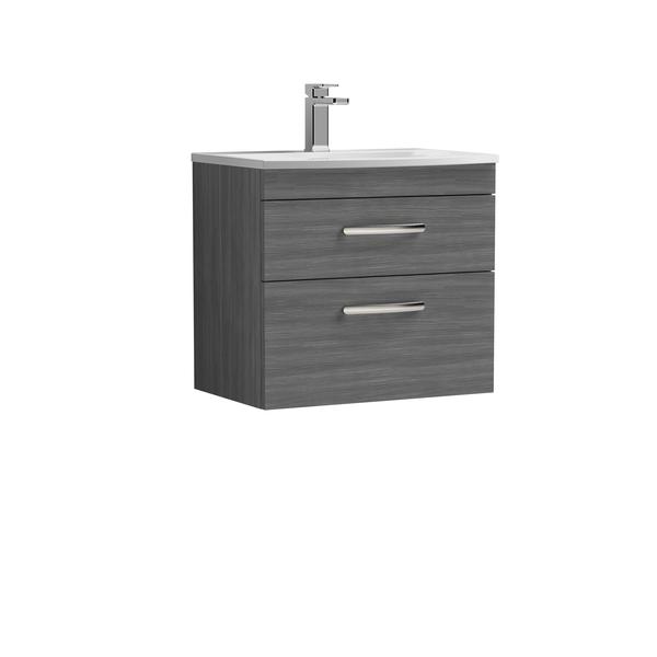 Nuie Athena 600mm Anthracite Woodgrain Wall Hung 2 Drawer Soft Close Vanity Unit With 1 Tap Hole Basin