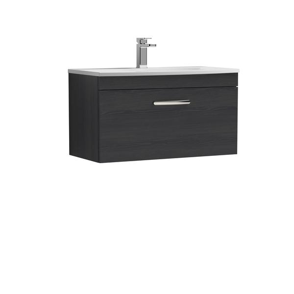 Nuie Athena 800mm Charcoal Black Wall Hung Single Drawer Vanity Unit With Curved 1 Tap Hole Basin