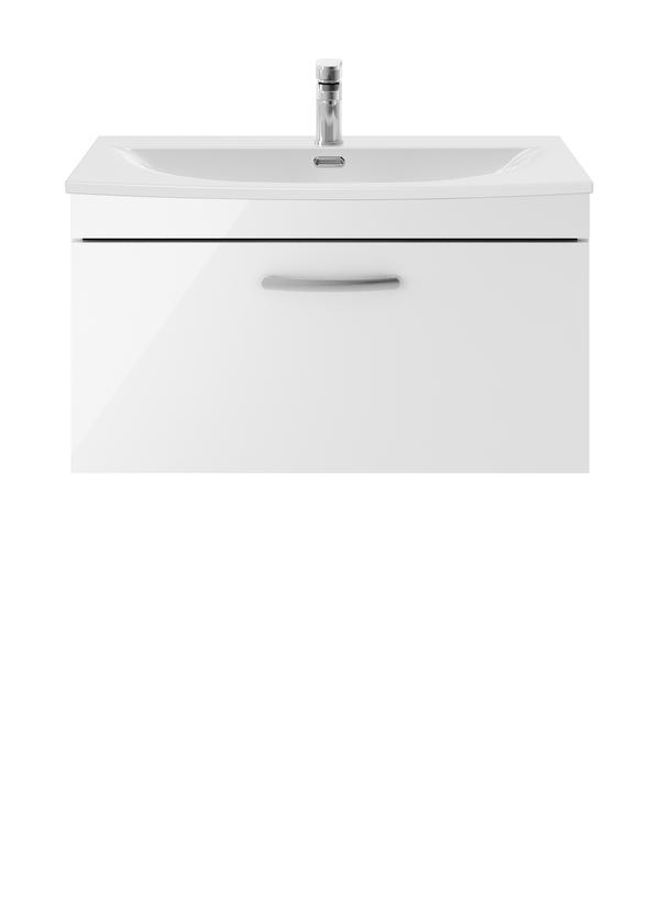 Nuie Athena 800mm Wall Hung Single Drawer Vanity Unit Gloss White With 1 Tap Hole Basin
