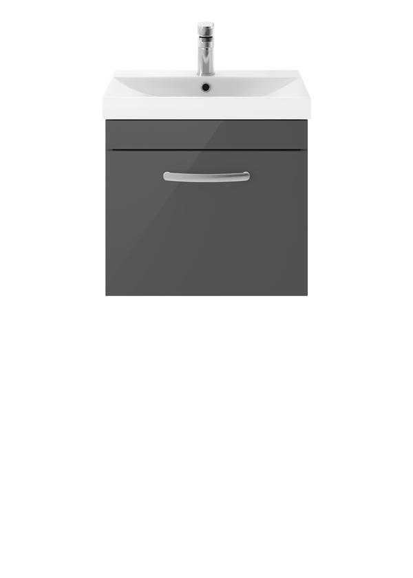 Nuie Athena 500mm Gloss Grey Wall Hung Single Drawer Vanity Unit With 1 Tap Hole Basin