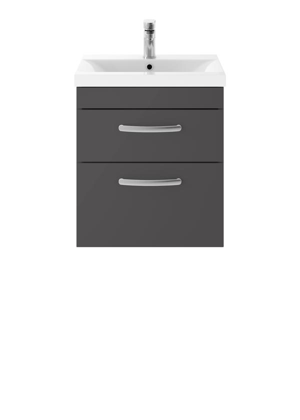 Nuie Athena 500mm Gloss Grey Wall Hung 2 Drawer Vanity With 1 Tap Hole Basin