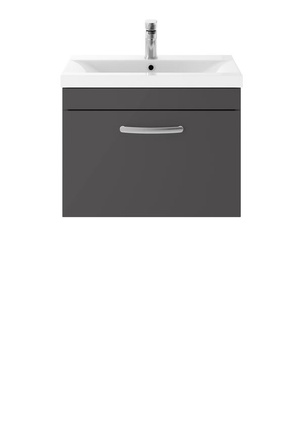Nuie 600mm Gloss Grey Wall Hung Single Drawer Vanity Unit with 1 Tap Hole Basin
