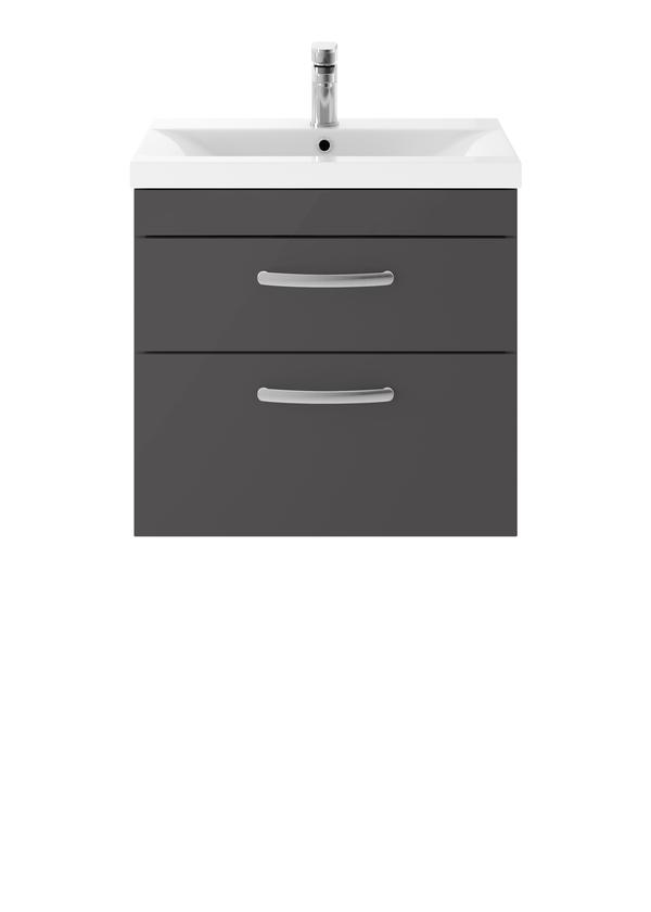Nuie Athena 600mm Gloss Grey Wall Hung Vanity Unit With Mid-Edge 1 Tap Hole Basin