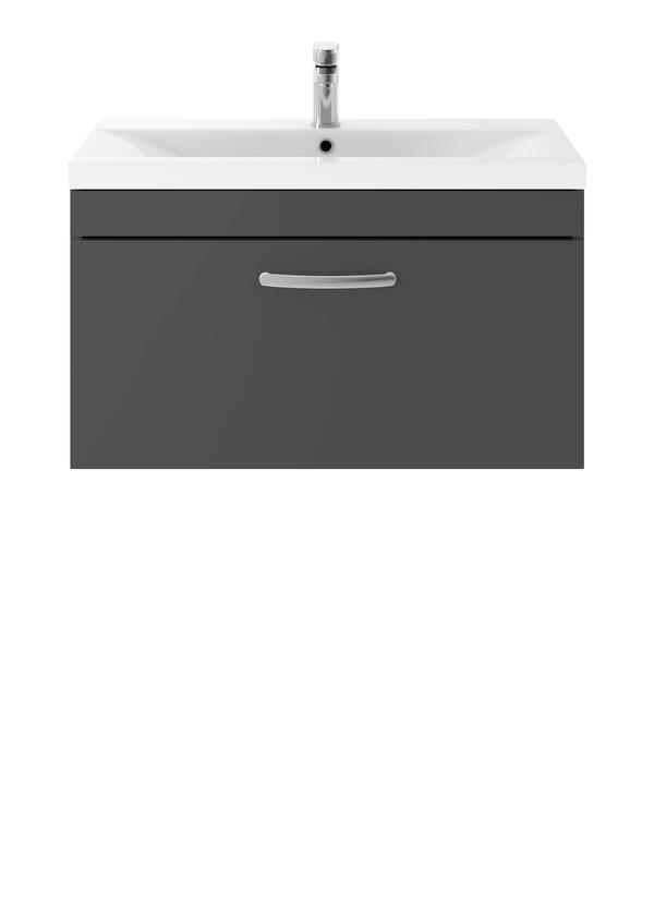 Nuie Athena 800mm Gloss Grey Wall Hung Single Drawer Vanity Unit with 1 Tap Hole Basin