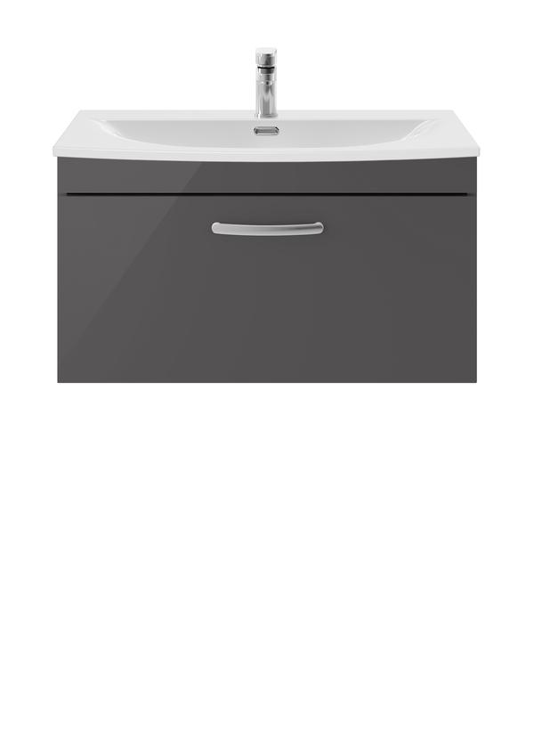 Nuie Athena 800mm Gloss Grey Wall Hung Single Soft Close Drawer Vanity Unit With Curved 1 Tap Hole Basin