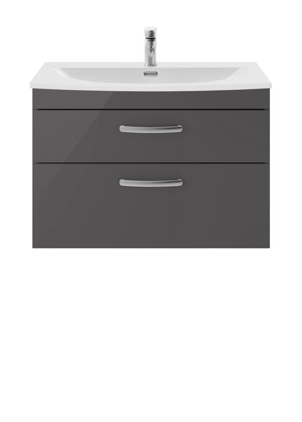 Nuie Athena 800mm Gloss Grey Wall Hung 2 Drawer Vanity Unit with 1 Tap Hole Basin