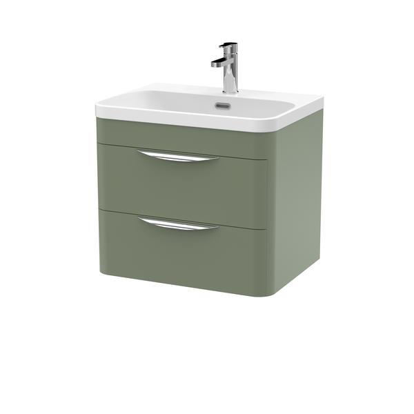 Nuie 600mm Satin Green Wall Hung 2 Drawer Vanity Unit With Ceramic Basin