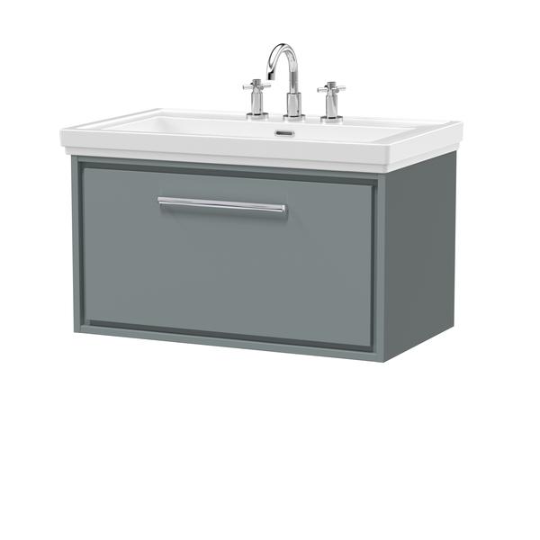 Hudson Reed Lille 830mm Coastal Grey Wall Hung Single Drawer Vanity Unit with 3 Tap Hole Basin