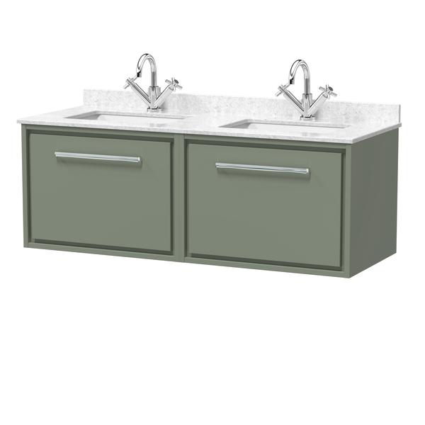 Hudson Reed Lille 1220mm Fern Green Wall Hung Double Basin Vanity Unit With Marble Worktop Basins