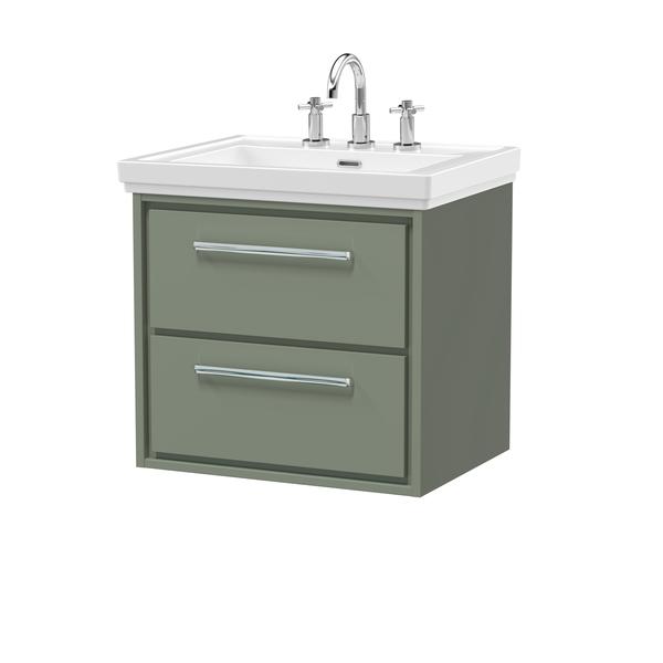 Hudson Reed Lille 600mm Fern Green Wall Hung 2-Drawer Vanity Unit with 3 Tap Hole Basin