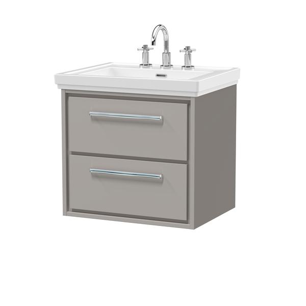Hudson Reed Lille 630mm Pebble Grey Wall Hung 2-Drawer Vanity Unit With 3 Tap Hole Basin