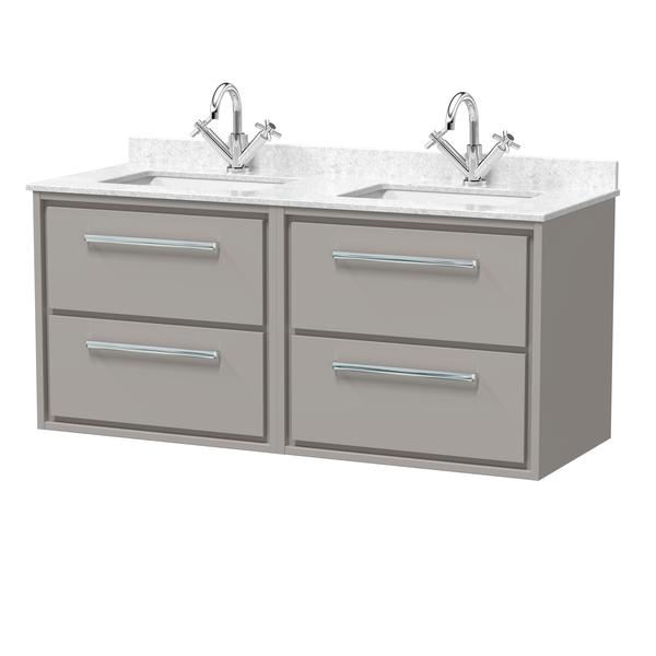 Hudson Reed Lille 1200mm Pebble Grey Wall Hung 4-Drawer Vanity Unit with Double Marble Basins