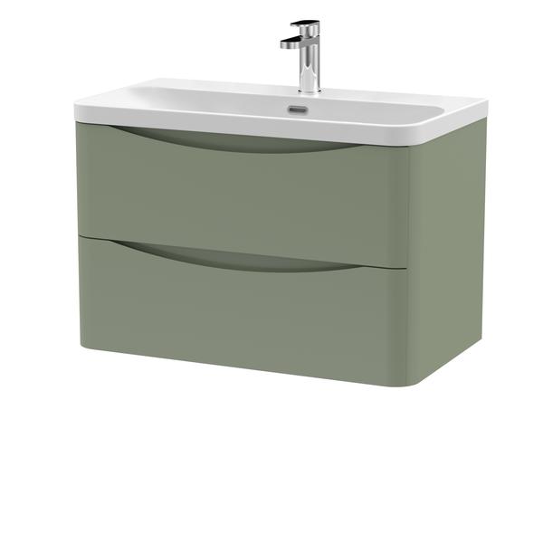 Nuie Lunar 800mm Satin Green Wall Hung 2 Drawer Unit with Ceramic Basin