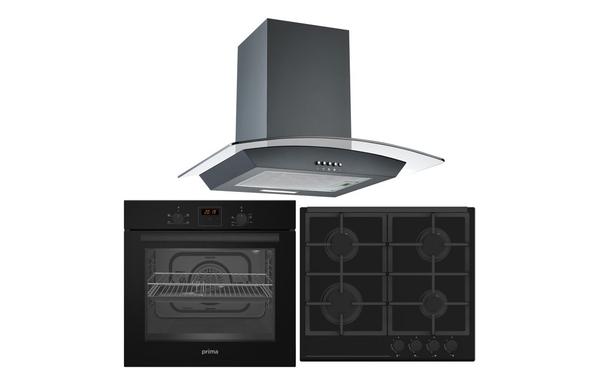 Prima Oven  Gas Hob & Curved Glass Chimney Hood Pack - Black