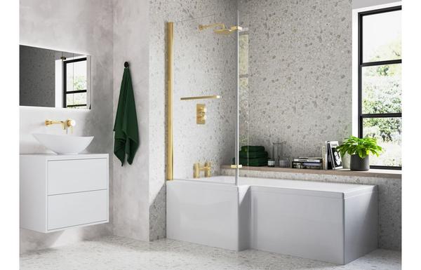 Navarie L Shape 1700x850x560mm 0TH Shower Bath Pack (RH) - Brushed Brass