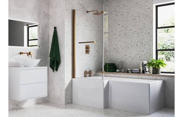 Navarie L Shape SUPERCAST 1700x850x560mm 0TH Shower Bath Pack (RH) - Brushed Bronze