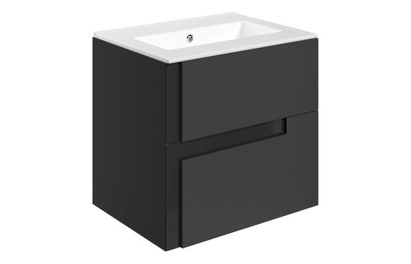 Contra 615mm Wall Hung 2 Drawer Basin Unit & 0TH White Thin Edge Basin - Matt Black & Glass